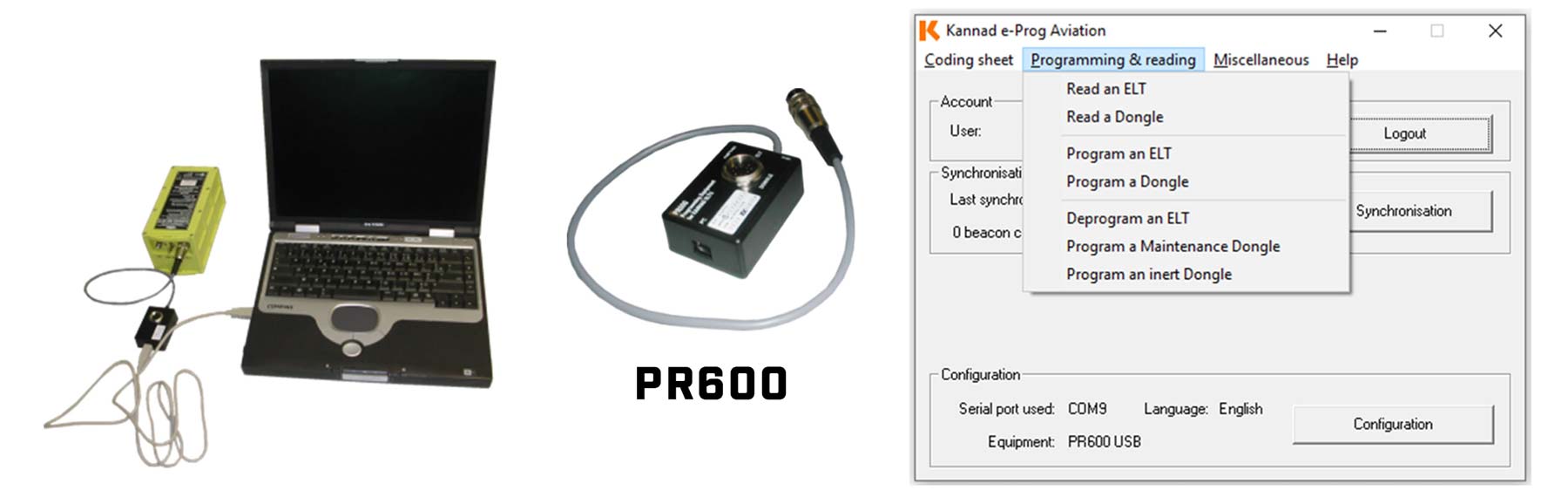 Kannad PR600 programmer linked to Kannad e-Prog Aviation software